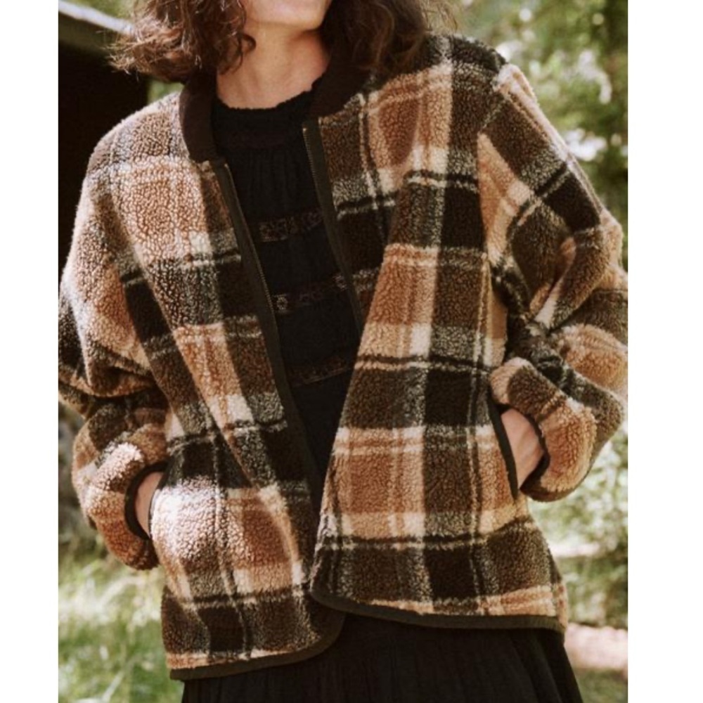 The Great Tartan Plaid Full-Zip Sherpa Relaxed Bomber Jacket Boho Brown Medium
